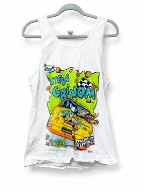Vintage Cartoon Network Racing Tank Top Steve Grissom NASCAR Graphic Tee White L